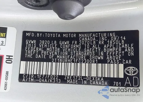 2015 Toyota Corolla S Plus z USA, uszkodzony, nr VIN 2T1BURHE1FC230081